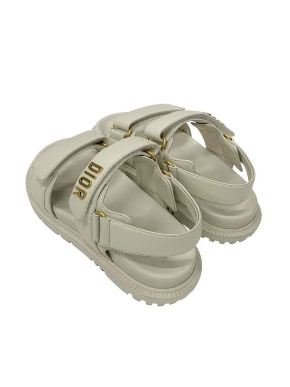 Christian Dioract Sandals Shoes Lambskin Ivory Gold Logo Velcro Strap - Picture 5 of 10